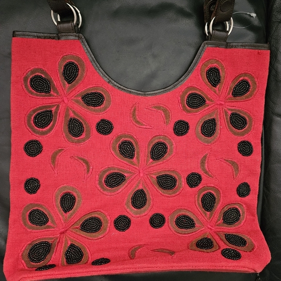 Vintage Handmade Beaded Floral Embroidered Red Tote Bag - Picture 5 of 11